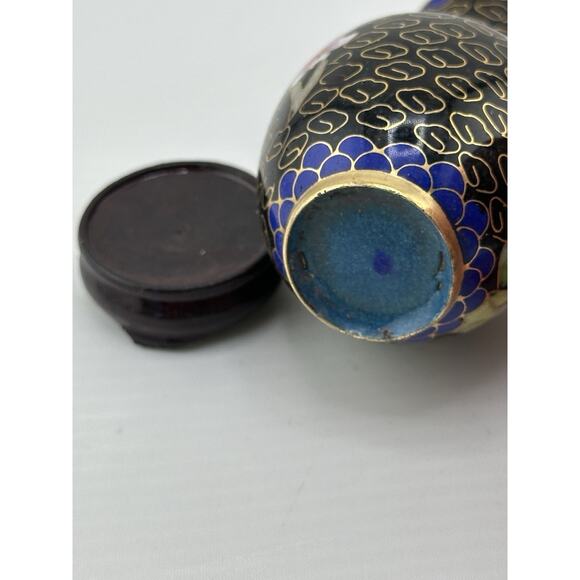 Vintage Mini Chinese Enameled Cloisonne Vase w/ Stand 3 inch Black Floral Blue - Picture 5 of 7